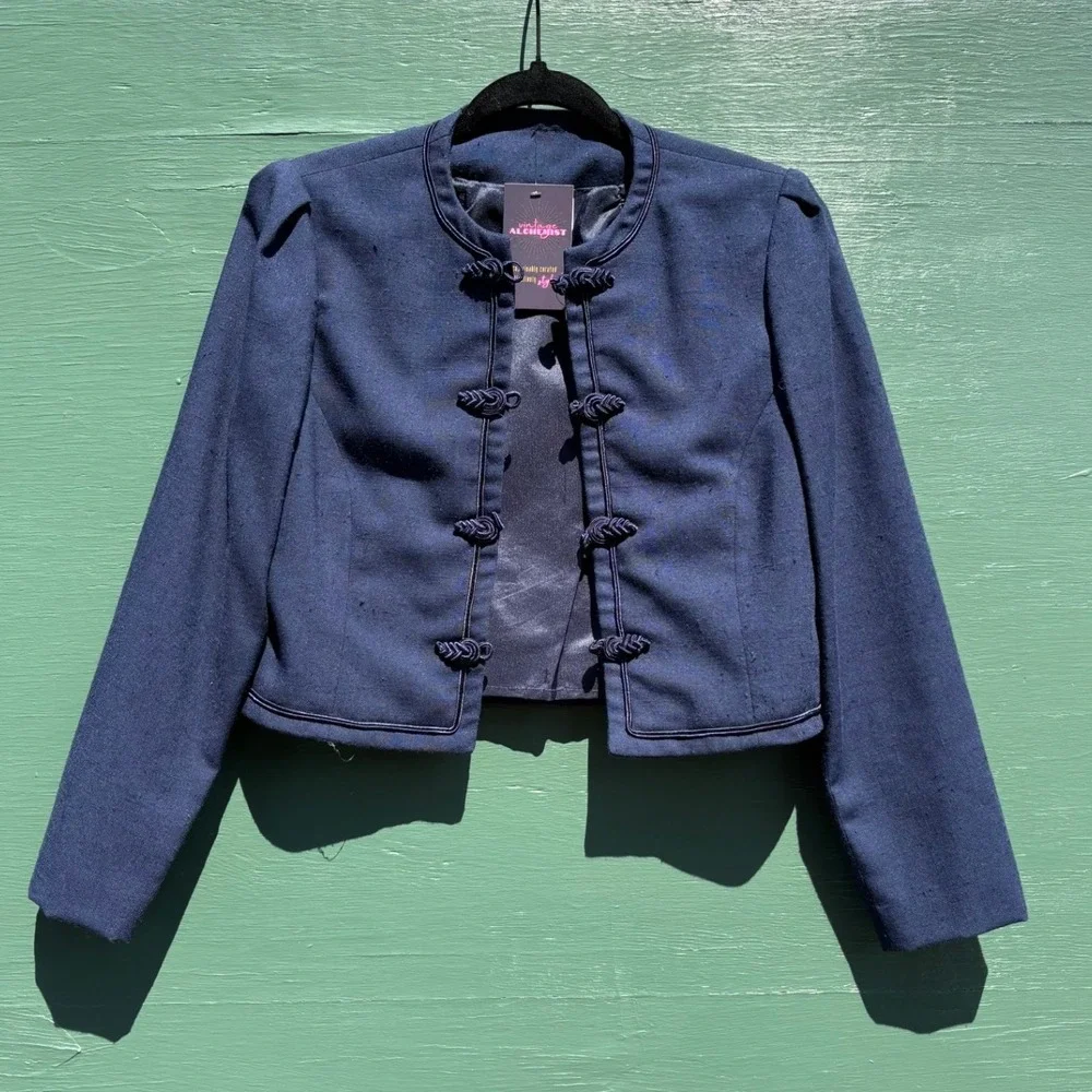 Vintage Navy Linen Cropped Jacket Frog Toggle Closure Military Style Small